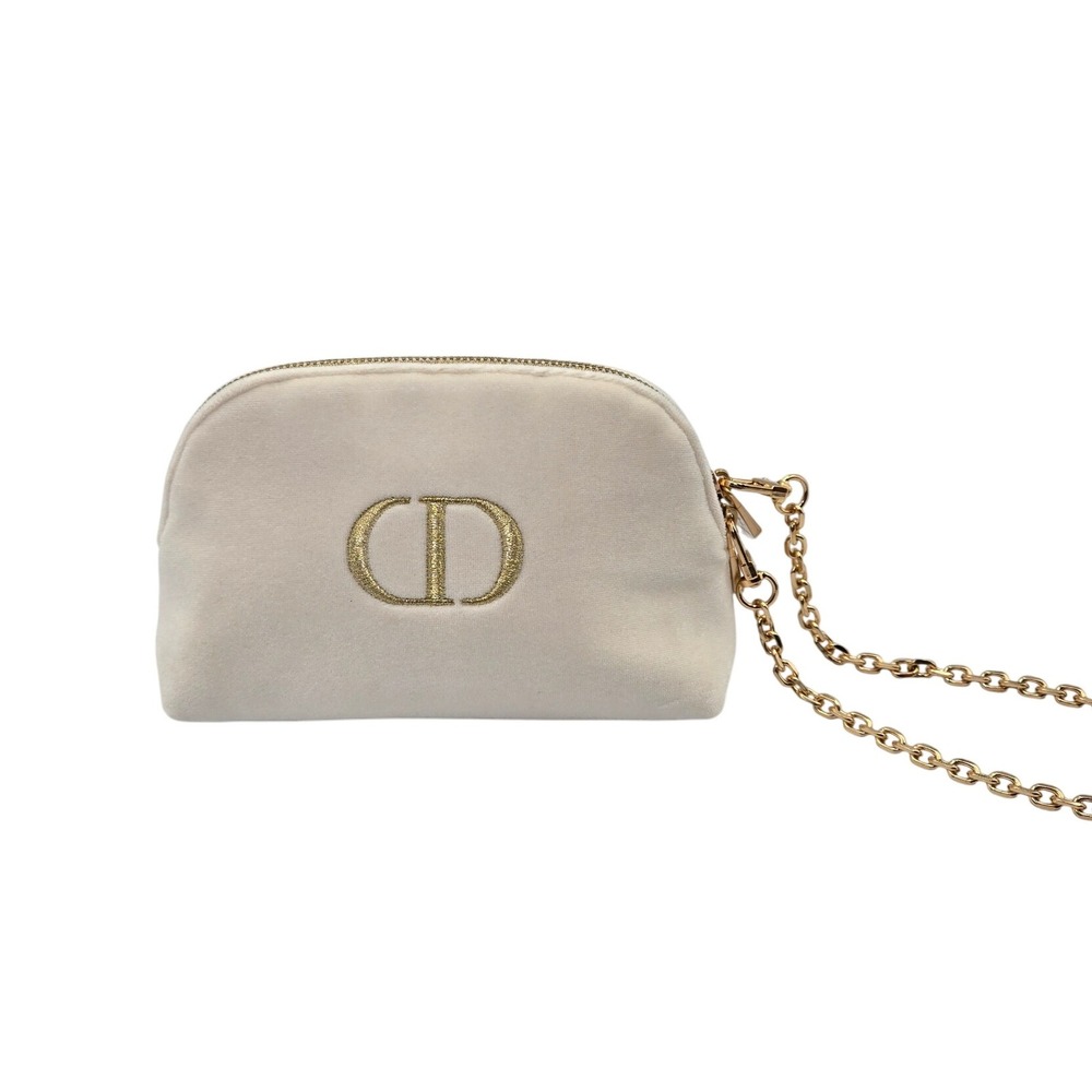 Dior CD Cream‎ Velvet Cosmetic Bag Pouch With Gold Chain Strap Handbag